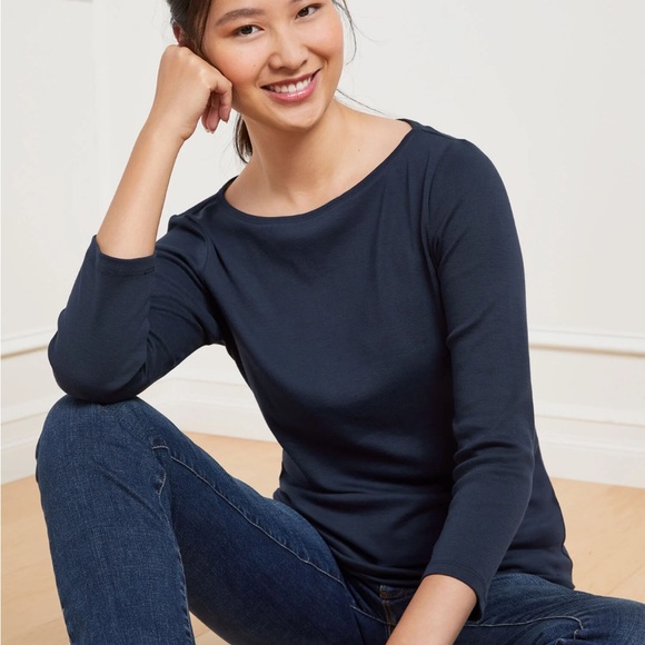 Talbots Tee Bateau Neck Pima Cotton Tee- Solids- Navy Blue, Size Large Petite - Picture 1 of 6